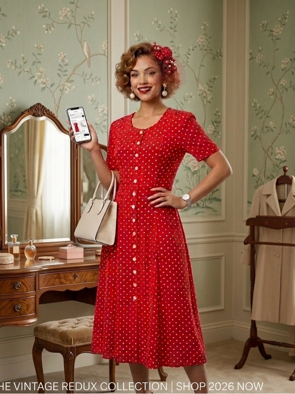 Vintage Pin up Style Polka Dot Midi Dress Red White Button Front Rayon Sz 8 EUC